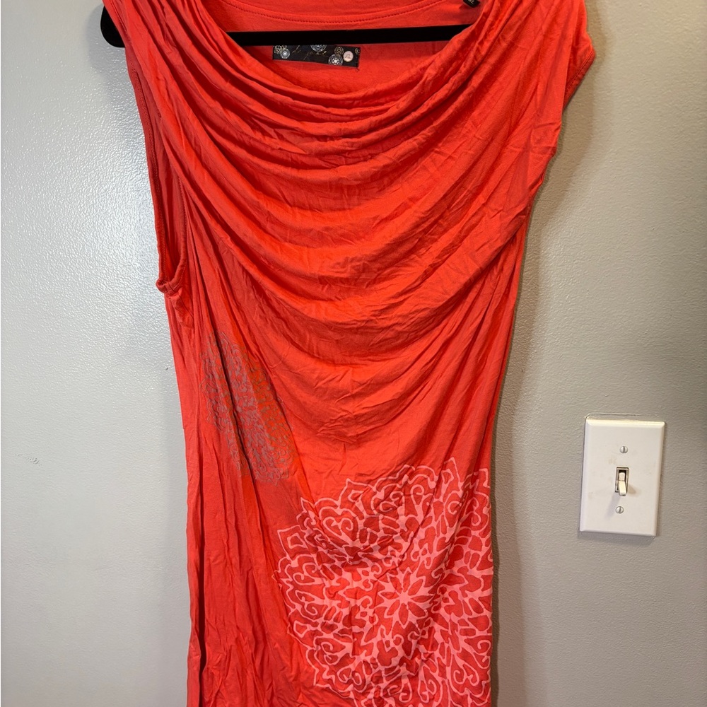 Desigual Asymmetrical Red Dress with Pink Floral Print